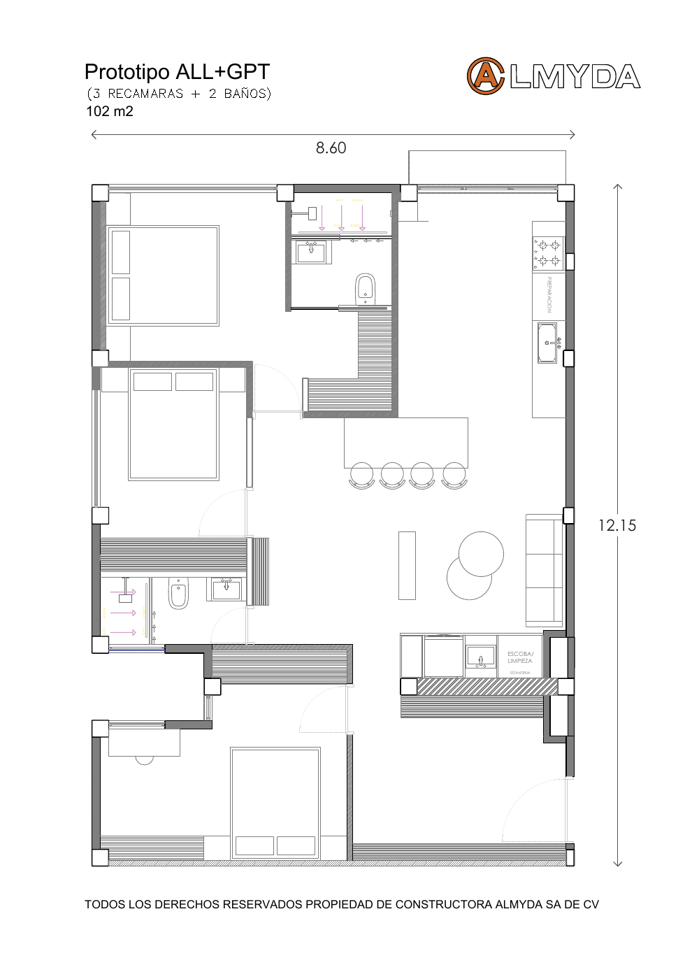 Planta arquitectónica de departamento de 102 m² con tres recámaras y dos baños
